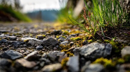 Fototapeta premium Textured gravel surface with persistent weeds growing through stones