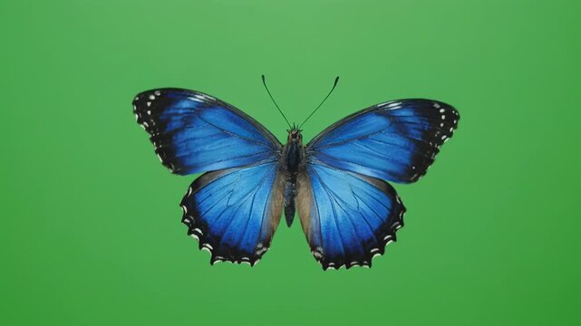 Blue Morpho Butterflies in graceful flight against a vibrant green background