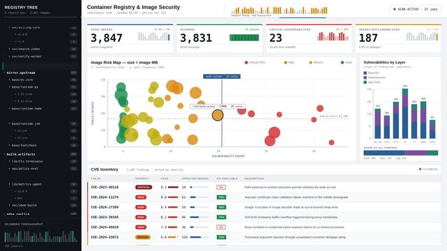 Explore a comprehensive Container Registry and Image Security Dashboard featuring a dark-light hybrid interface with detailed visual data on vulnerabilities and container images.