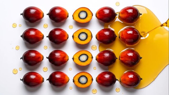 Flat Lay of Palm Oil Fruits and Golden Oil on White Background