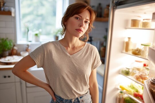 Thoughtful woman puzzled by contents inside a home kitchen fridge