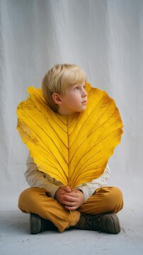 Blond child sitting cross legged on the floor, holding a large yellow leaf in front of their chest, gazing thoughtfully to the side. Minimalist autumn portrait with soft natural lighting