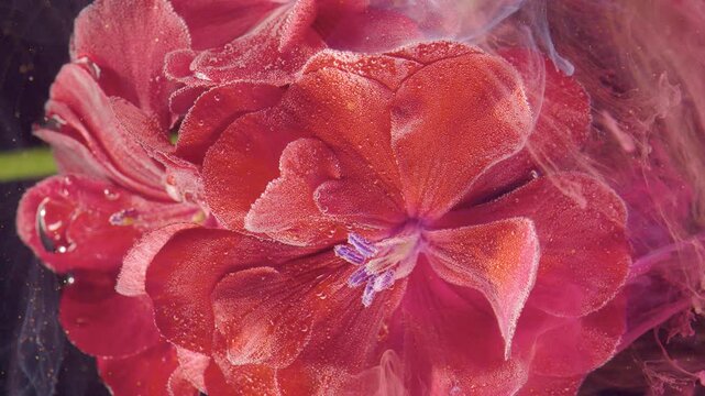 Close-up pink geranium blossoms coated in microbubbles with drifting smoke wisps and glossy highlights
