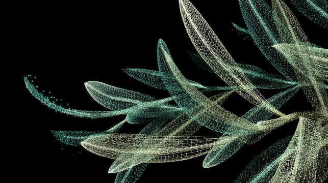 Futuristic glowing green wireframe leaf overlay with abstract digital skeleton structure and bright neon lines on dark background
