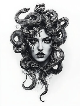 Greek Mythology Medusa Gorgon Tattoo Design with Flowing Serpent Hair.