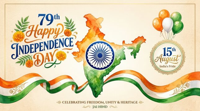 79th Happy Independence Day 15 August banner with India map silhouette and tricolor balloons
