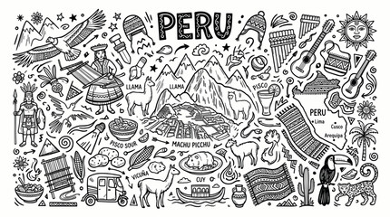 Fototapeta premium Peru Travel Doodle Illustration, Hand Drawn Cultural Heritage Sketch with Ancient Symbols