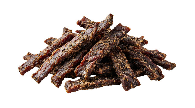 Pile of dark, seasoned, dried meat strips with visible spices and herbs, isolated on a transparent background, beef jerky, snack, food, cutout, png, no background, protein, high protein, meat snack
