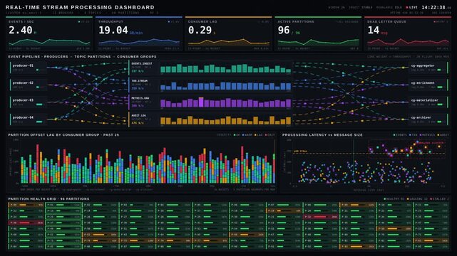 A sleek and modern real-time stream processing dashboard in dark mode, featuring KPI tiles, animated flow diagrams, and detailed charts for monitoring data performance.