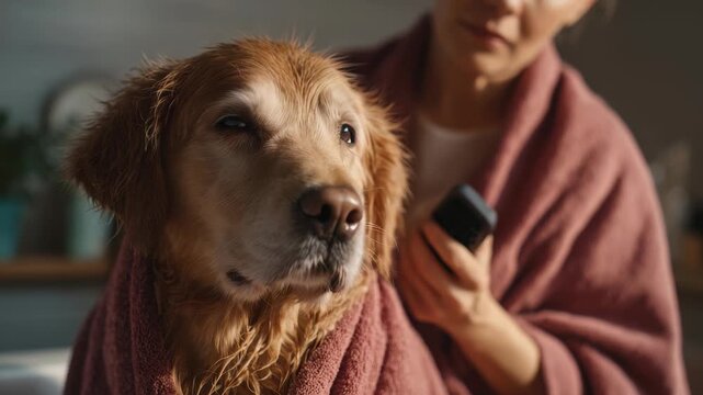 Golden retriever dog wrapped in a soft towel after a bath, sitting calmly while its owner gently dries its fur. Cozy home grooming routine for a beloved pet companion