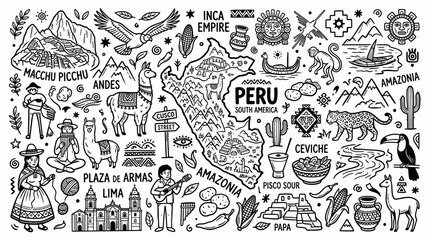 Obraz premium Peru Travel Doodle Illustration, Hand Drawn Cultural Heritage Sketch with Ancient Symbols