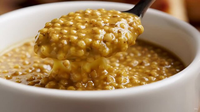 Spoon Scooping Whole Grain Mustard Sauce from Bowl