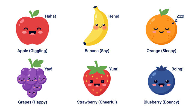 Cute kawaii fruit characters expressing emotions