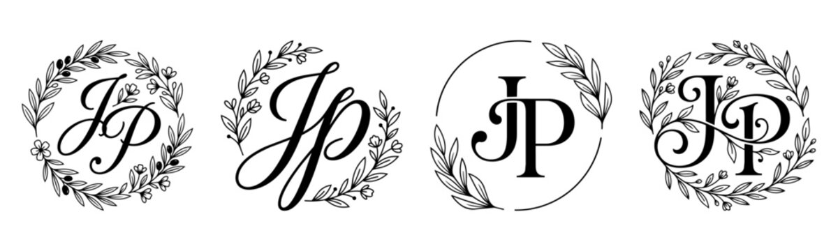 JP Monogram Set with Elegant Botanical Wreath and Floral Initial Letters Vector