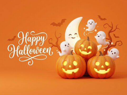 Festive 3d illustration featuring glowing jack o lanterns cute ghosts and a crescent moon with happy helloween text on orange background