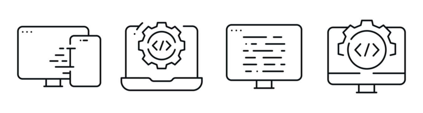 Computer coding icons showing development and automation on screens. Editable stroke