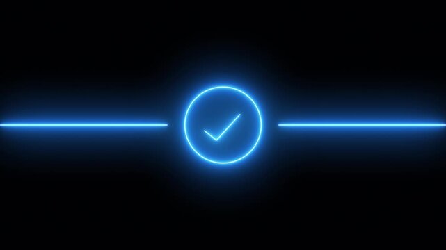 Blue neon checkmark progress bar animating on dark background with subtle glowing lines representing steps and completion for business success