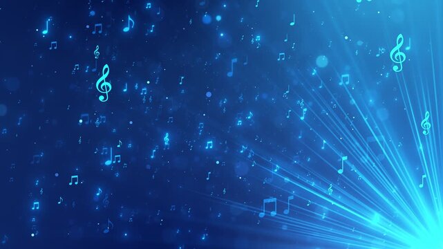 Blue music notes background glowing treble symbols, soft bokeh, and bright light rays from side. audio videos, music promos, concert intros, karaoke screens, podcast visuals, motion overlays.