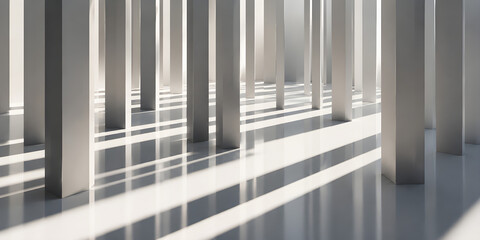 Fototapeta premium Abstract 3D Render of Minimalist Pillars with Light and Shadows – abstract, render, pillars, minimalist, architecture, symmetry, reflection, sunlight, modern, design