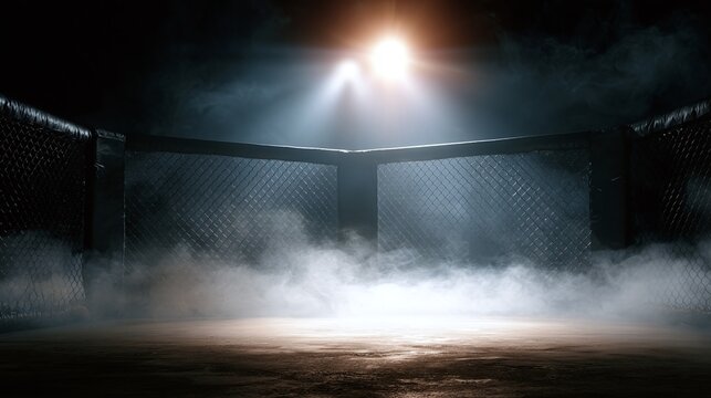 Dramatic empty arena fighting cage with bright stage lights and mystical fog for intense combat sports events and fierce competition in a professional setting