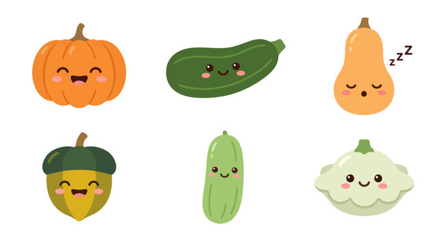 Cute kawaii vegetables and squash characters
