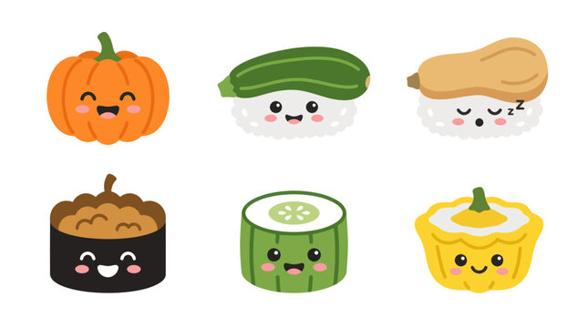 Cute kawaii vegetables and sushi characters