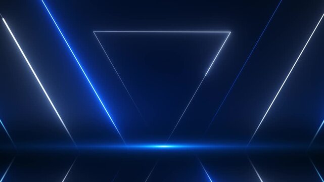 Blue neon triangle background sharp glowing outline, dark reflective floor, futuristic laser beams. for tech videos, gaming intros, cyber trailers, sci fi screens, music visuals, and digital overlays.