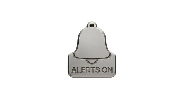 Shiny metallic bell-shaped icon with a small loop on top and the text ALERTS ON engraved on a rectangular base, isolated on a transparent background, cutout, png, no background, notification