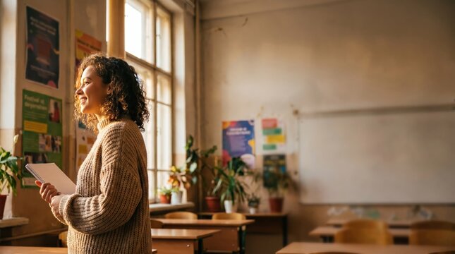 Happy multiracial female educator with curly hair and notebook in sunny classroom, neurodivergent teacher.