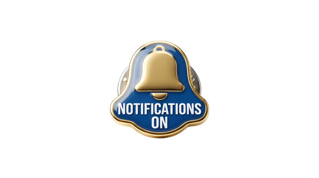 Shiny gold bell icon with blue background and white text reading NOTIFICATIONS ON, isolated on transparent background, cutout, png, no background, alert, symbol, badge, button, emblem, signal