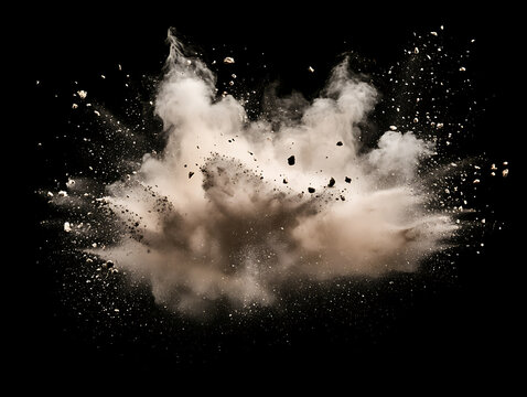 dust explosion isolated on black background, scattered powder and tiny debris texture.