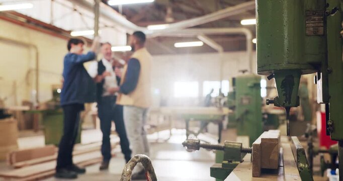 Carpentry, high five and people in workshop for huddle, furniture and woodworking meeting. Success, carpenter design and men with applause for teamwork, lumber production and building agreement