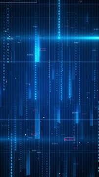 Blue binary data dashboard background falling numbers, glowing columns, grid markers, and finance labels. 19 videos, AI visuals, trading screens, cyber promos, digital overlays.