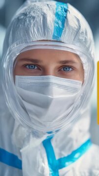 Close up portrait of a healthcare worker in full protective suit, face mask, and shield, highlighting blue eyes and focused expression. Medical professional ready for infectious disease control