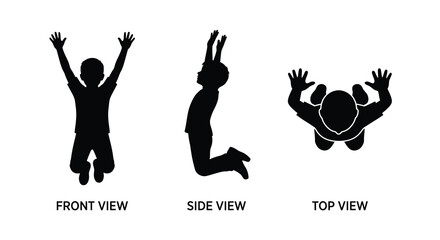 Fototapeta premium Three black silhouettes of a jumping child in different perspectives against a white background silhouette figure person youth
