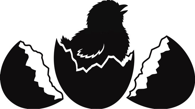 Black silhouette chick hatching from a cracked egg with two empty eggs