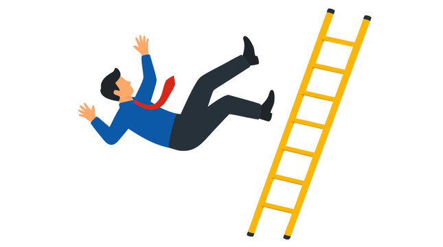 Business professional falling backward from a yellow ladder with papers flying, bold flat vector illustration symbolizing workplace accidents, career risk, failure, instability and caution