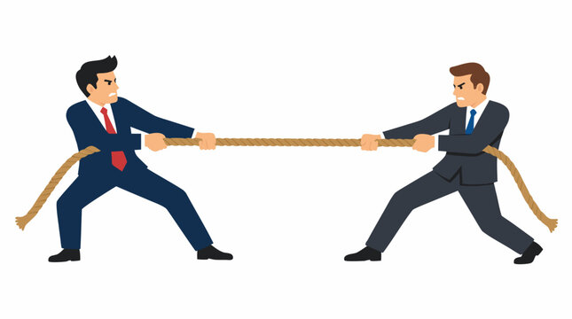 Two determined businessmen engaged in a tense tug of war, pulling opposite ends of a thick rope to symbolize corporate rivalry, competition, conflict, negotiation, and strategic business struggle