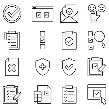 Minimalist survey and checklist icons, set of 16 linear vector symbols for feedback and quality control, black thin line business document and checkmark graphics