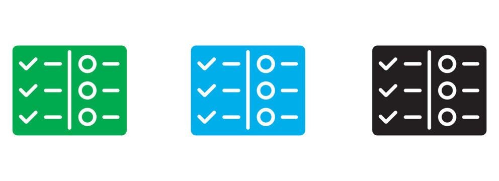 Minimalist checklist icon set, digital task management symbols in green blue and black, flat vector survey and questionnaire interface elements
