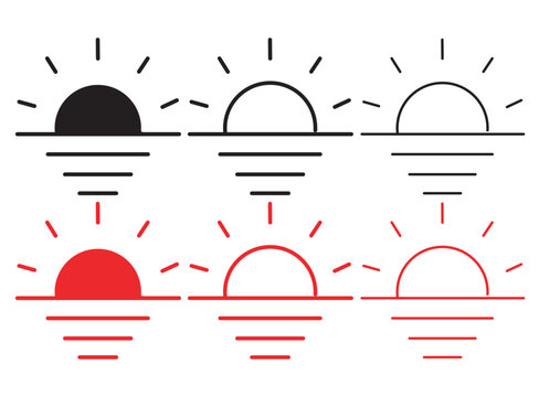 Minimalist sunset icon set, 6 vector sun rising over water line symbols, black and red sunrise line art illustrations for travel and weather apps