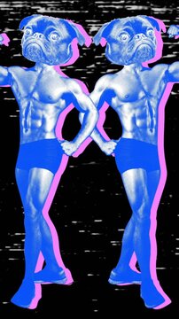 Seamless young vertical video of cartoon style images with duotono colors and halftone effect. Stop motion photo montage nonsense art collage background.