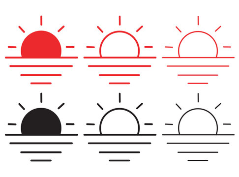 Minimalist sun icon set, red and black sunrise and sunset vector symbols, linear sun over water horizon graphics for travel and weather apps