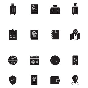 Travel and tourism icon set, 16 black solid glyph icons for vacation planning, luggage and navigation vector symbols for mobile apps and web design