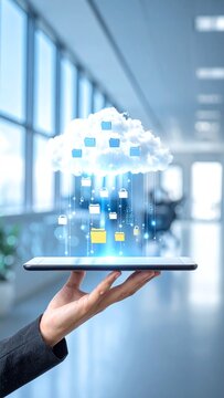 A business persons hand holding a tablet displaying a futuristic cloud computing concept with secure data folders and locks, representing reliable digital backup in a modern office.