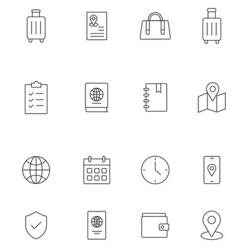 Minimalist travel line icons set, 16 vector travel and tourism symbols, thin line vacation and trip planning elements for web and mobile apps
