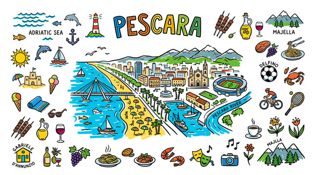 Pescara Italy Travel Doodle Illustration,  Colorful Hand Drawn Adriatic Coast Sketch