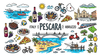 Obraz premium Pescara Italy Travel Doodle Illustration, Colorful Hand Drawn Adriatic Coast Sketch