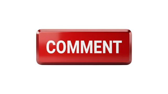 Red rectangular button with the word COMMENT in bold white capital letters, glossy finish, isolated on a transparent background, 3D, white text, cutout, png, no background, shiny, web element