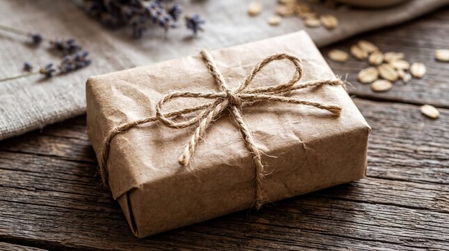 rustic soap packaging, a rustic soap bar wrapped in brown paper and tied with twine